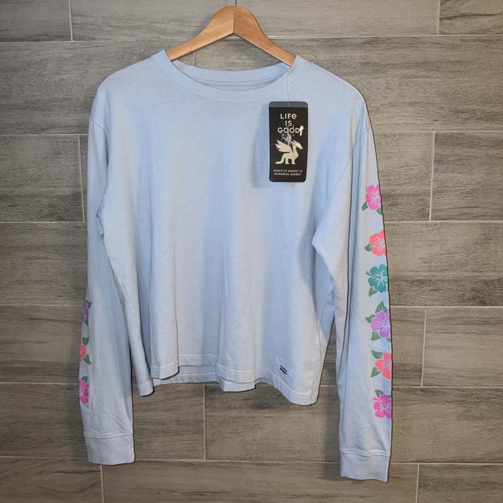 Life is Good Long Sleeve Crusher Tee Woman's Size M Blue Hibiscus Paradise NWT